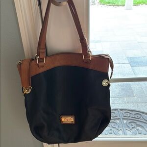 Valentina Italian Black and Cognac Genuine Leather Shoulder Bag